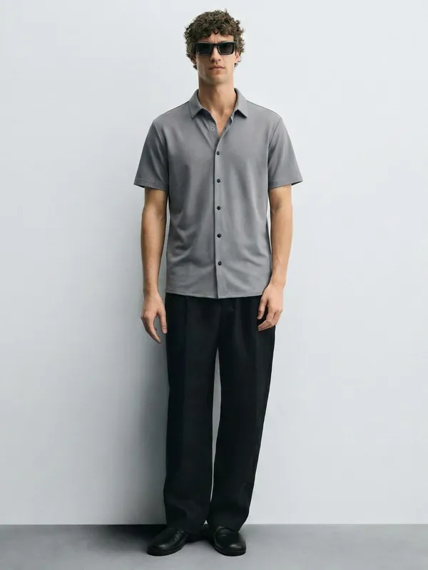 Highlander Men Grey Self Design Slim Fit Casual Shirt