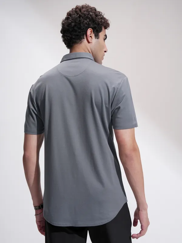 Highlander Men Grey Self Design Slim Fit Casual Shirt
