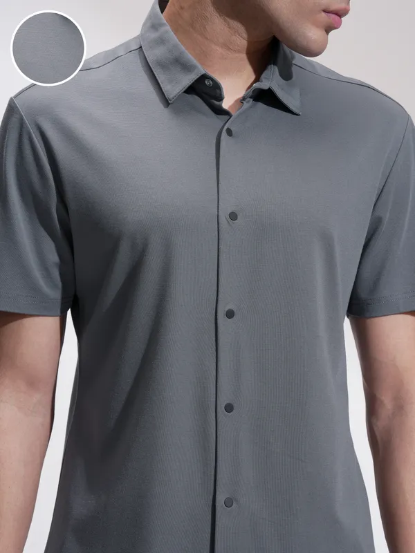 Highlander Men Grey Self Design Slim Fit Casual Shirt