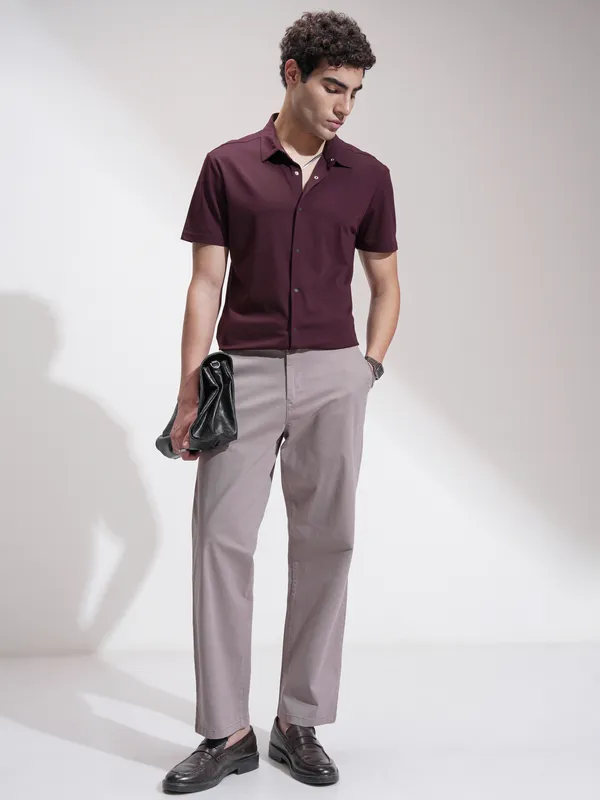 Highlander Men Maroon Self Design Slim Fit Casual Shirt
