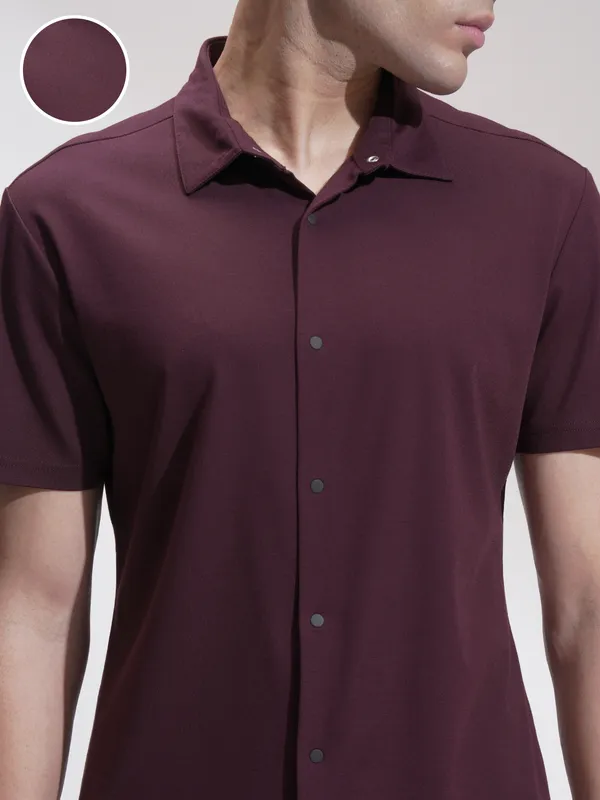 Highlander Men Maroon Self Design Slim Fit Casual Shirt