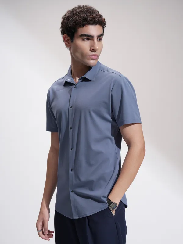 Highlander Men Blue Self Design Slim Fit Casual Shirt