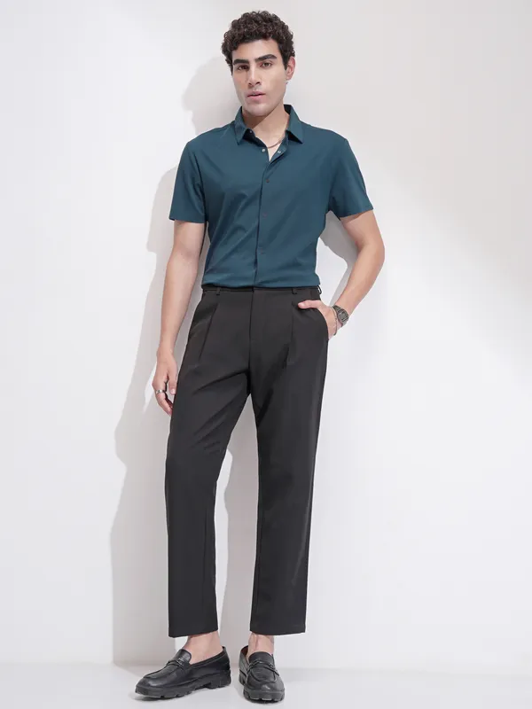 Highlander Men Teal Self Design Slim Fit Casual Shirt