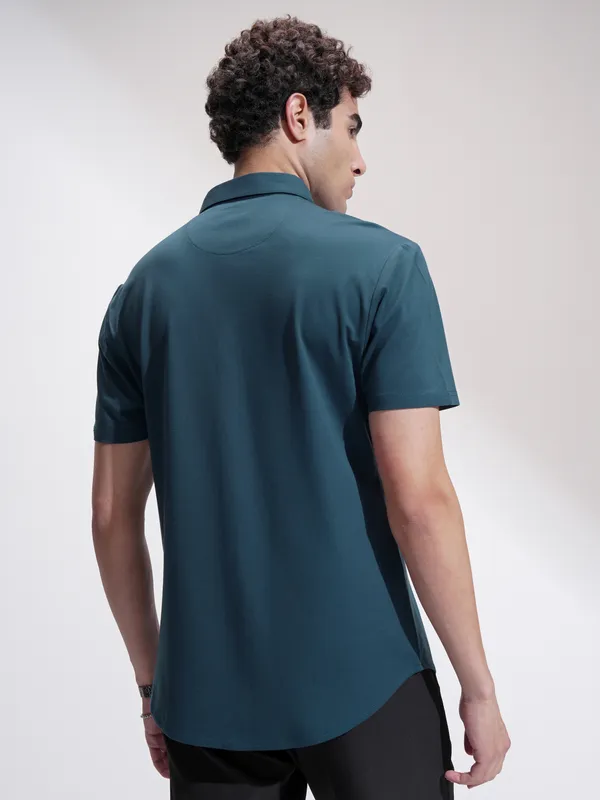 Highlander Men Teal Self Design Slim Fit Casual Shirt