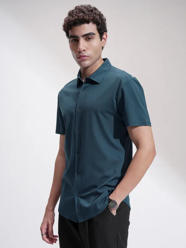 Highlander Men Teal Self Design Slim Fit Casual Shirt