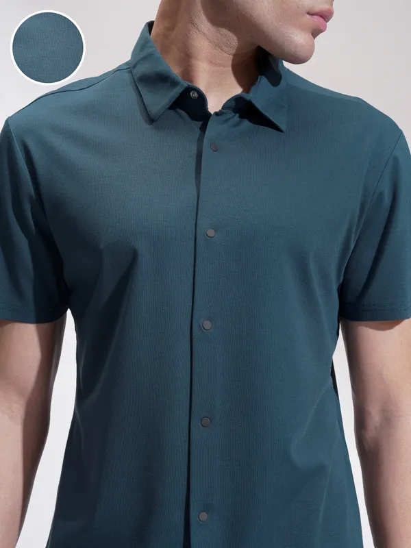 Highlander Men Teal Self Design Slim Fit Casual Shirt