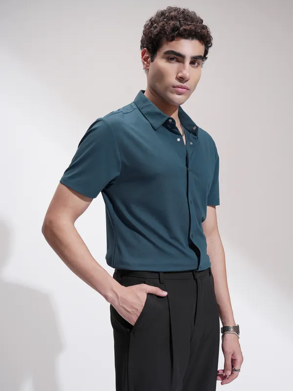 Highlander Men Teal Self Design Slim Fit Casual Shirt