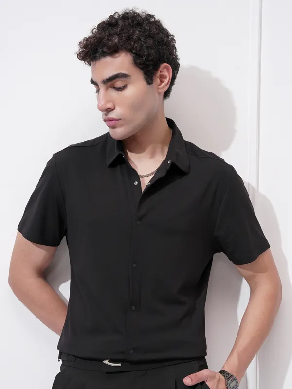 Highlander Men Black Self Design Slim Fit Casual Shirt