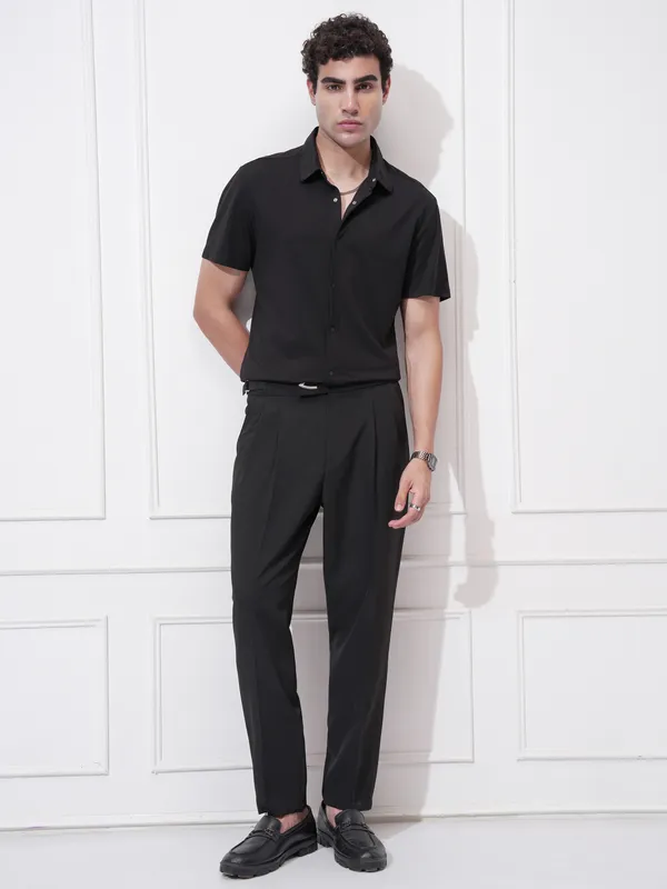 Highlander Men Black Self Design Slim Fit Casual Shirt