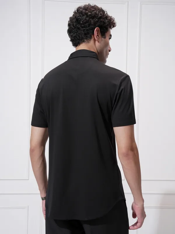 Highlander Men Black Self Design Slim Fit Casual Shirt
