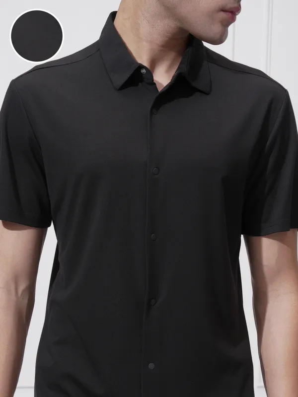 Highlander Men Black Self Design Slim Fit Casual Shirt
