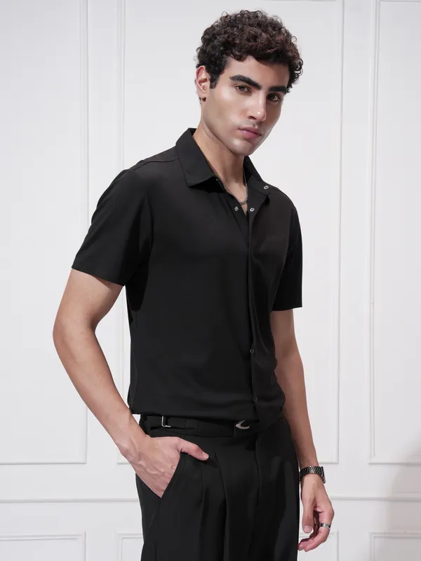 Highlander Men Black Self Design Slim Fit Casual Shirt