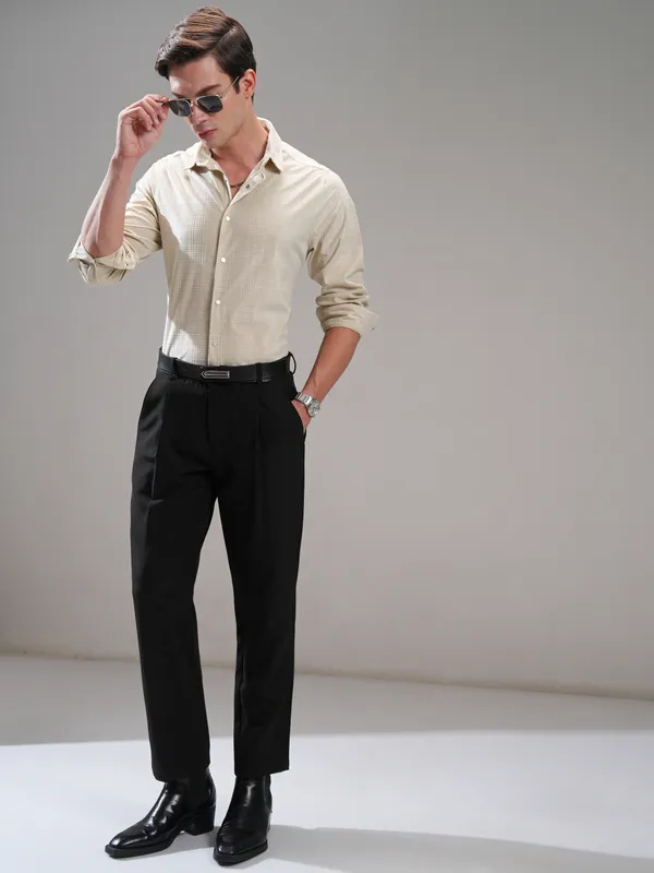 Highlander Men Beige Self Design Slim Fit Casual Shirt