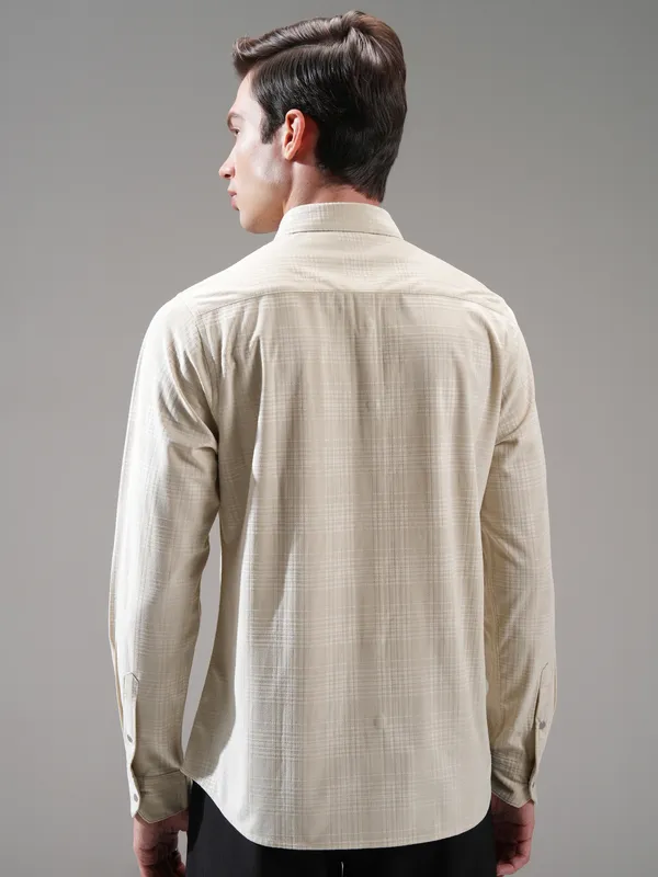 Highlander Men Beige Self Design Slim Fit Casual Shirt