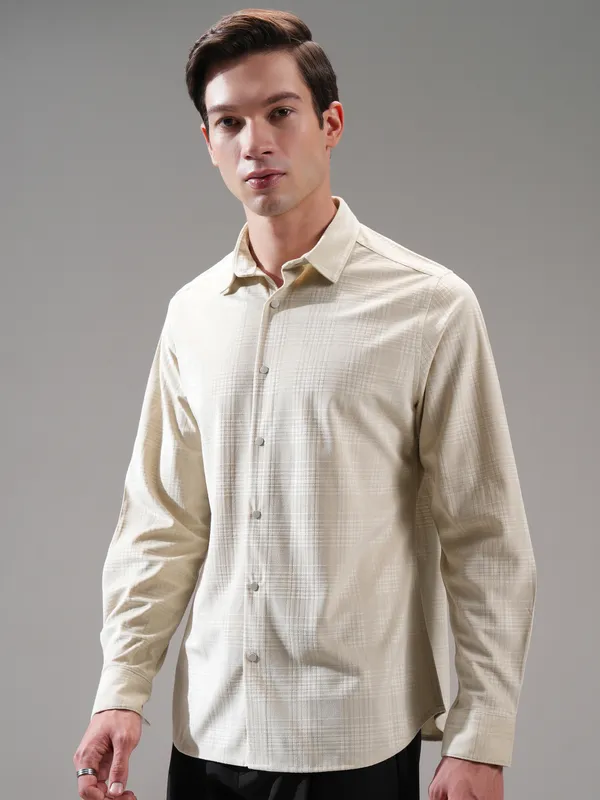 Highlander Men Beige Self Design Slim Fit Casual Shirt