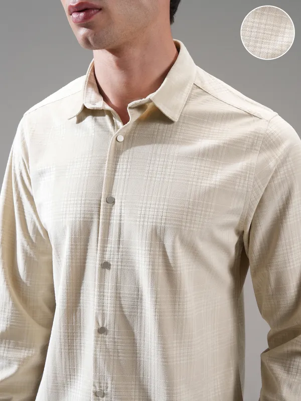 Highlander Men Beige Self Design Slim Fit Casual Shirt