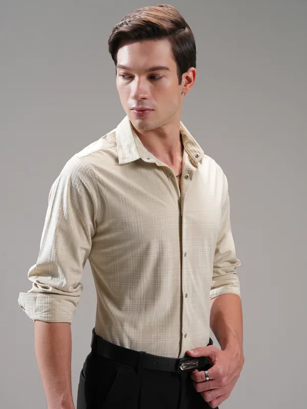 Highlander Men Beige Self Design Slim Fit Casual Shirt