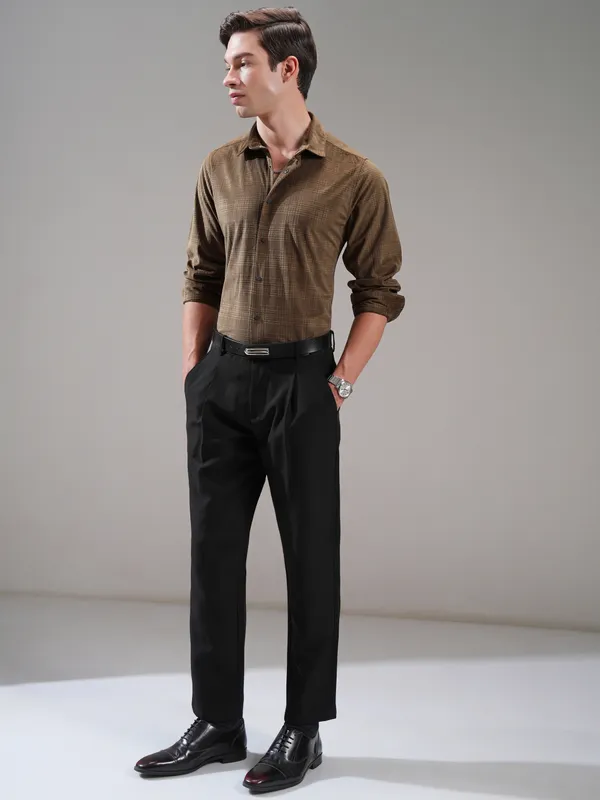 Highlander Men Brown Self Design Slim Fit Casual Shirt