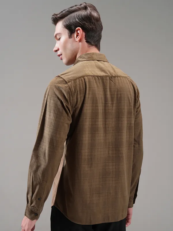 Highlander Men Brown Self Design Slim Fit Casual Shirt