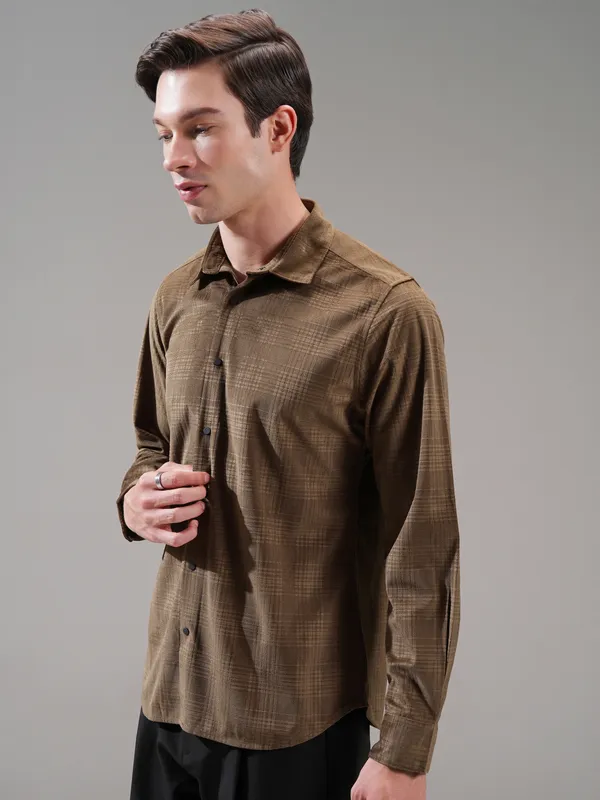 Highlander Men Brown Self Design Slim Fit Casual Shirt