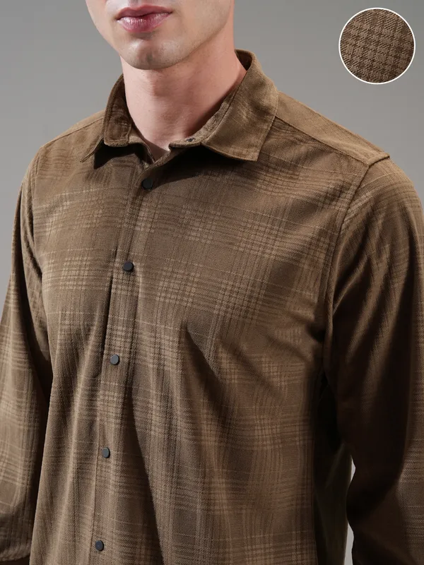 Highlander Men Brown Self Design Slim Fit Casual Shirt