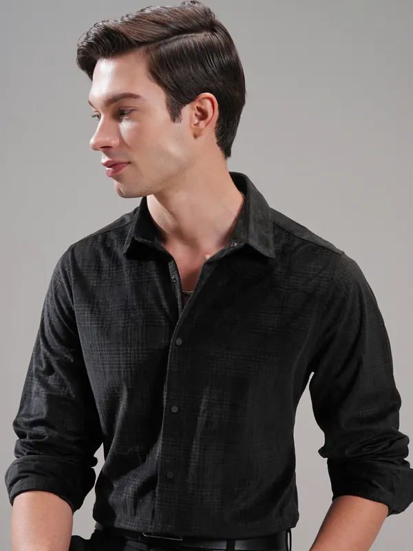 Highlander Men Black Self Design Slim Fit Casual Shirt