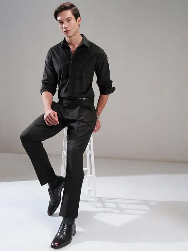 Highlander Men Black Self Design Slim Fit Casual Shirt