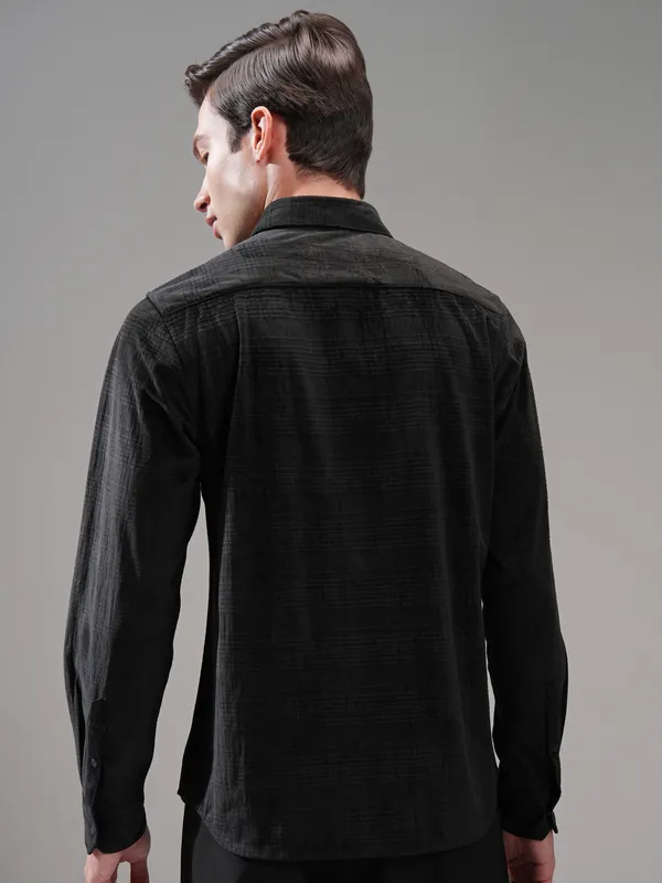 Highlander Men Black Self Design Slim Fit Casual Shirt