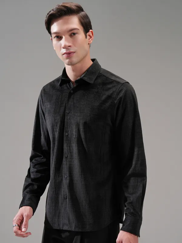 Highlander Men Black Self Design Slim Fit Casual Shirt