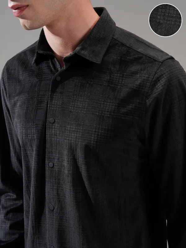 Highlander Men Black Self Design Slim Fit Casual Shirt