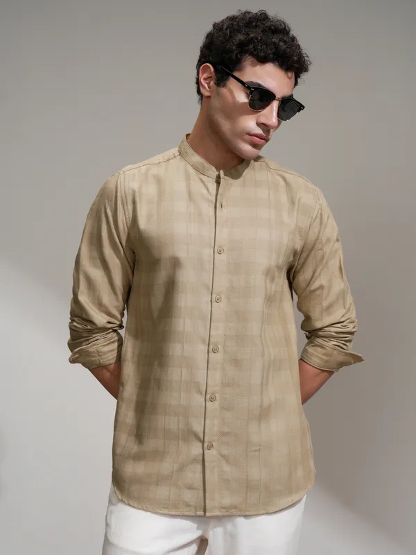 Highlander Men Khaki Self Design Slim Fit Casual Shirt