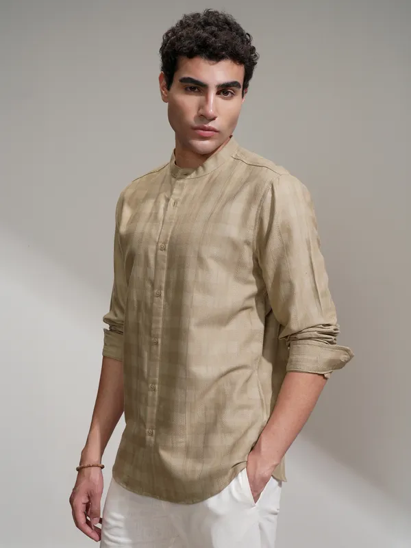 Highlander Men Khaki Self Design Slim Fit Casual Shirt