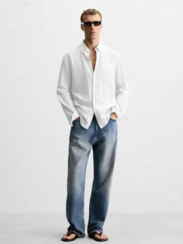 Highlander Men White Self Design Relaxed Fit Casual Shirt