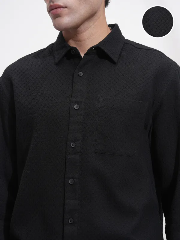 Highlander Men Black Self Design Relaxed Fit Casual Shirt