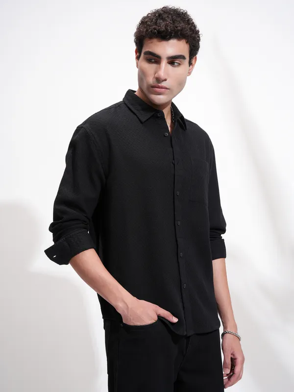 Highlander Men Black Self Design Relaxed Fit Casual Shirt