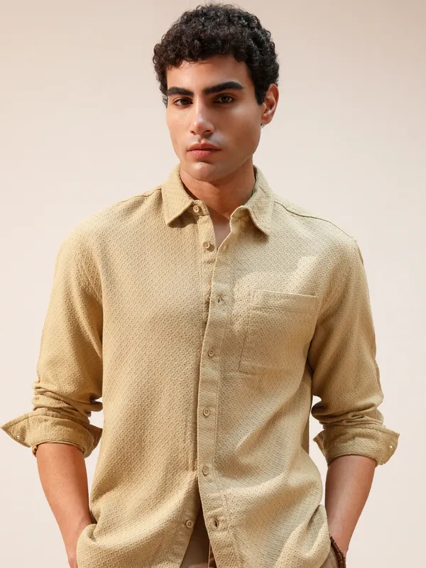 Highlander Men Gold Self Design Relaxed Fit Casual Shirt