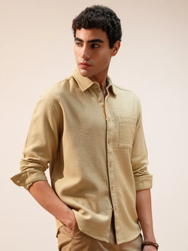 Highlander Men Gold Self Design Relaxed Fit Casual Shirt