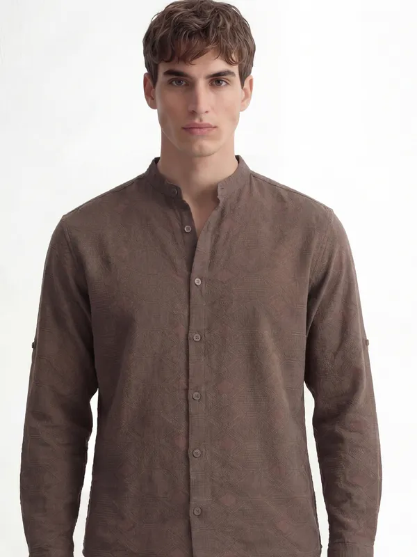 Highlander Men Brown Self Design Regular Fit Casual Shirt