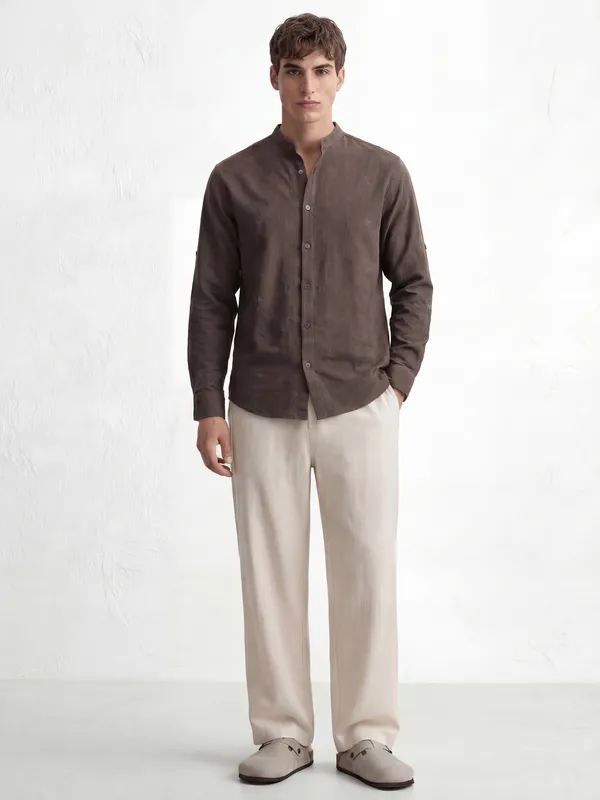 Highlander Men Brown Self Design Regular Fit Casual Shirt