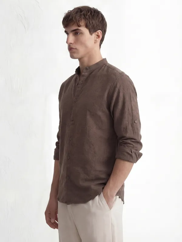 Highlander Men Brown Self Design Regular Fit Casual Shirt
