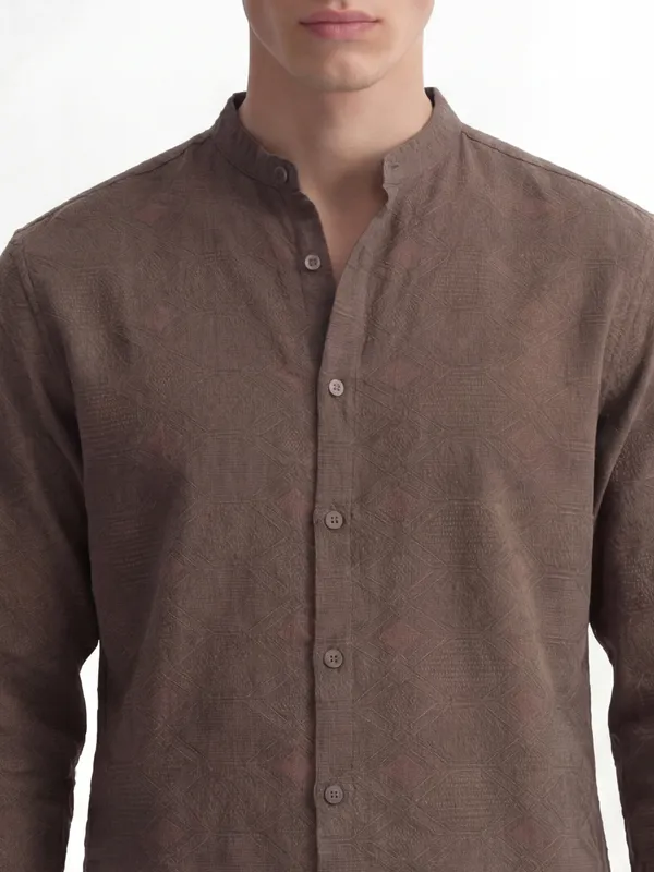 Highlander Men Brown Self Design Regular Fit Casual Shirt