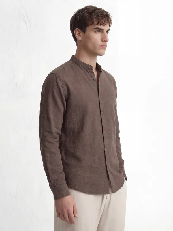 Highlander Men Brown Self Design Regular Fit Casual Shirt