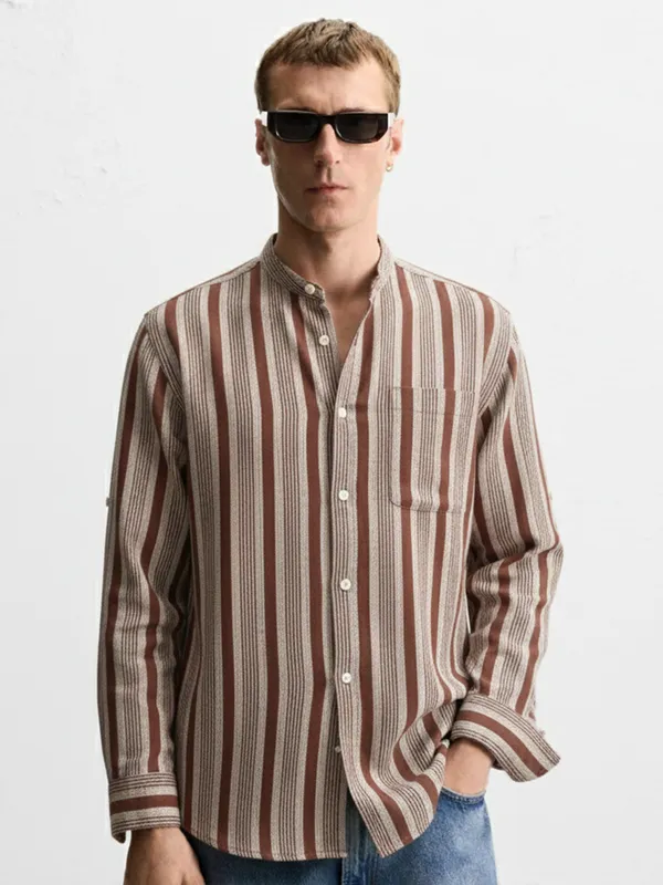Highlander Men Brown Striped Relaxed Fit Casual Shirt