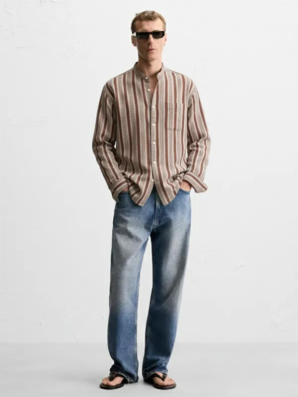 Highlander Men Brown Striped Relaxed Fit Casual Shirt