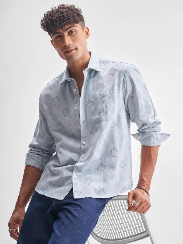 Highlander Men Blue Self Design Relaxed Fit Casual Shirt