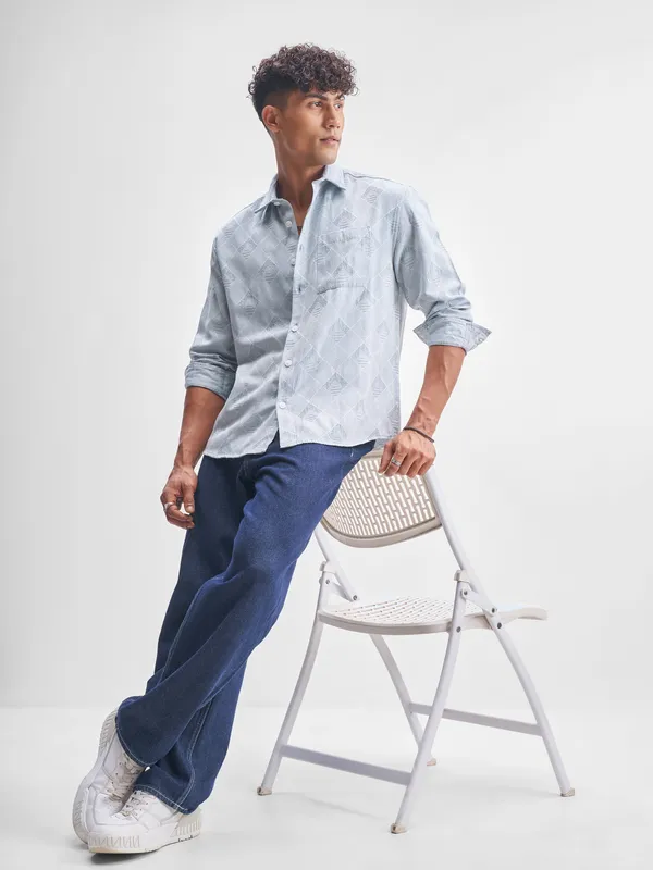 Highlander Men Blue Self Design Relaxed Fit Casual Shirt