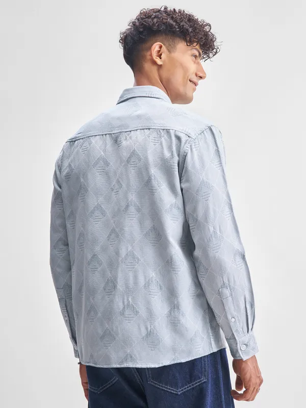 Highlander Men Blue Self Design Relaxed Fit Casual Shirt