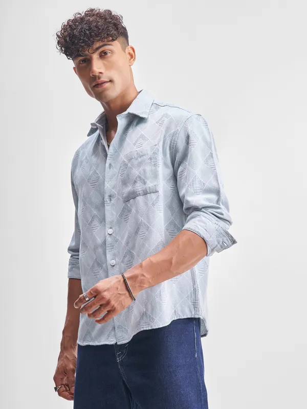 Highlander Men Blue Self Design Relaxed Fit Casual Shirt
