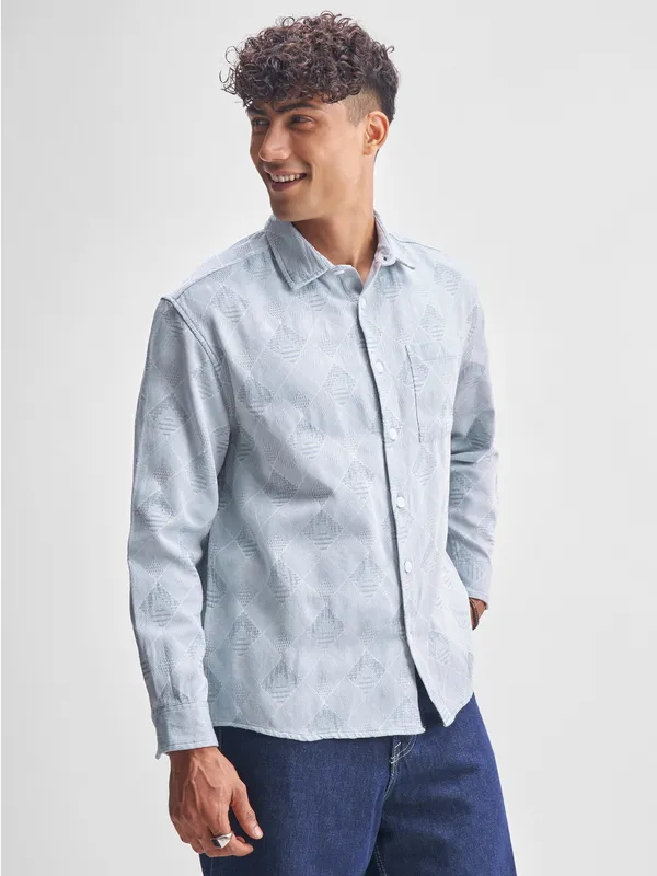 Highlander Men Blue Self Design Relaxed Fit Casual Shirt