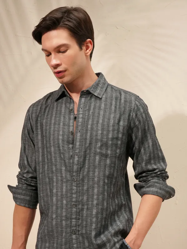 Highlander Men Charcoal Striped Slim Fit Casual Shirt